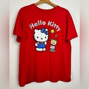 Hello Kitty Red Graphic T-Shirt L Glitter Logo Stars & Stripes Bow USA Preowned